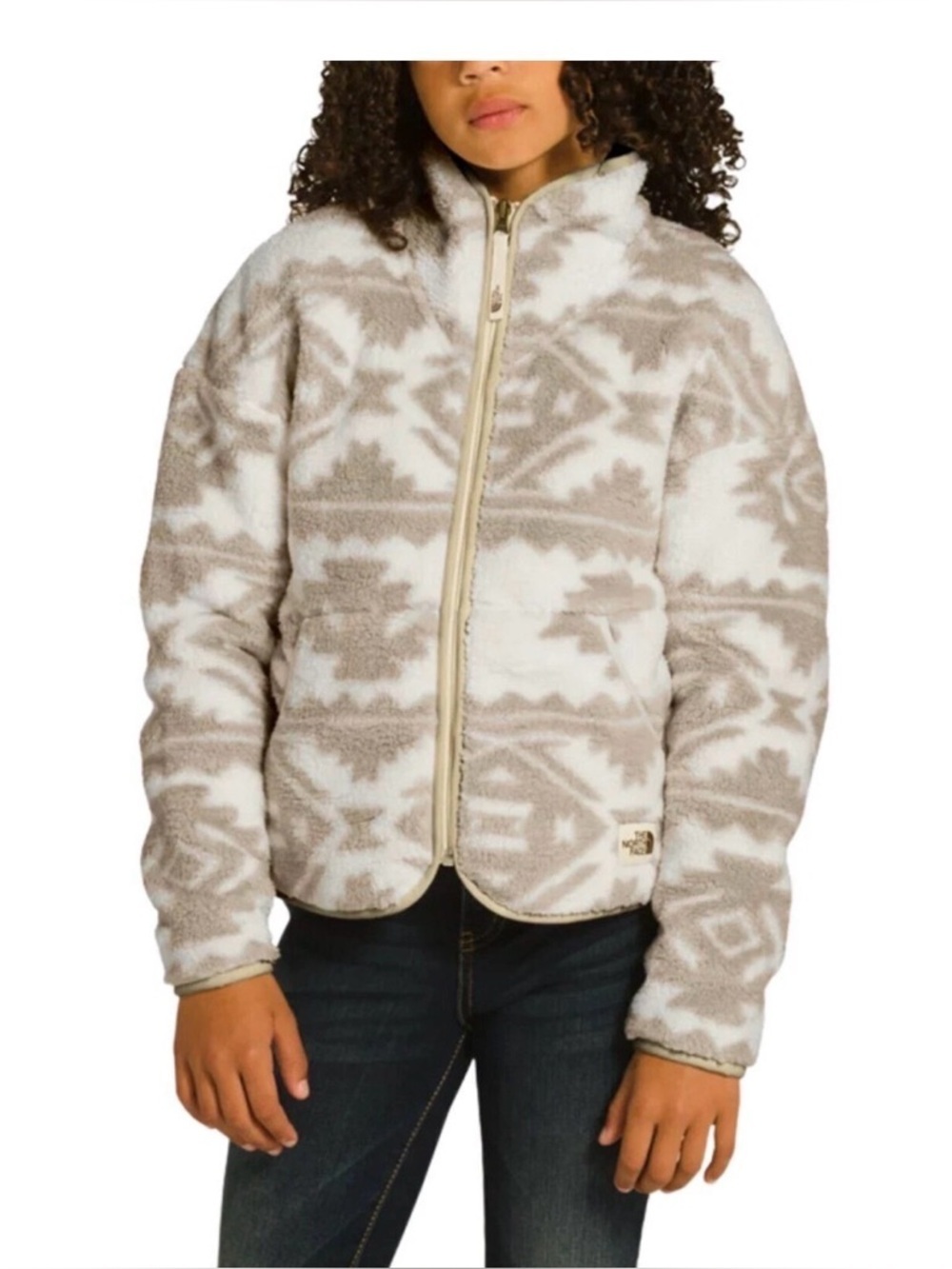 North Face Youth Small 7/8 Campshire Zip Sherpa Fleece White Tribal Geo Print